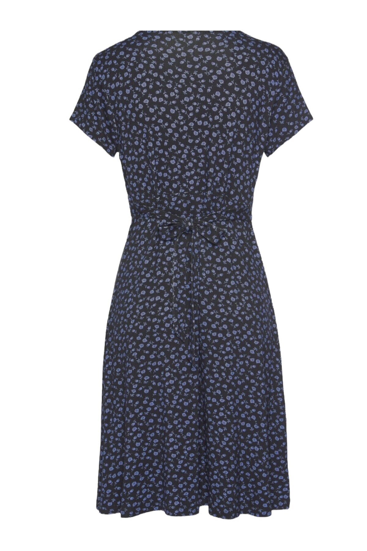 Kadın Mavi Çiçek Desenli Siyah Viskon Belden Bağlamalı Spor Şık Elbise