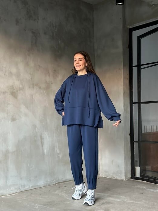 Kadın Oversize Fermuarlı Kapüşonlu Sweatshirt Pileli Paça Tesettüre Uygun Spor Şık Eşofman Takımı