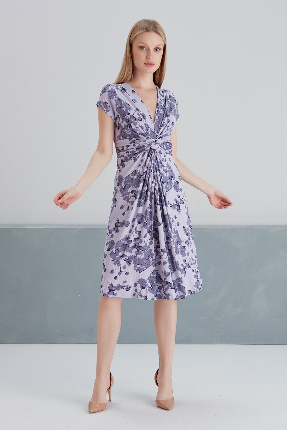 Kadın Önden Düğümlü Viskon Çiçekli Spor Şık Hamile Elbisesi