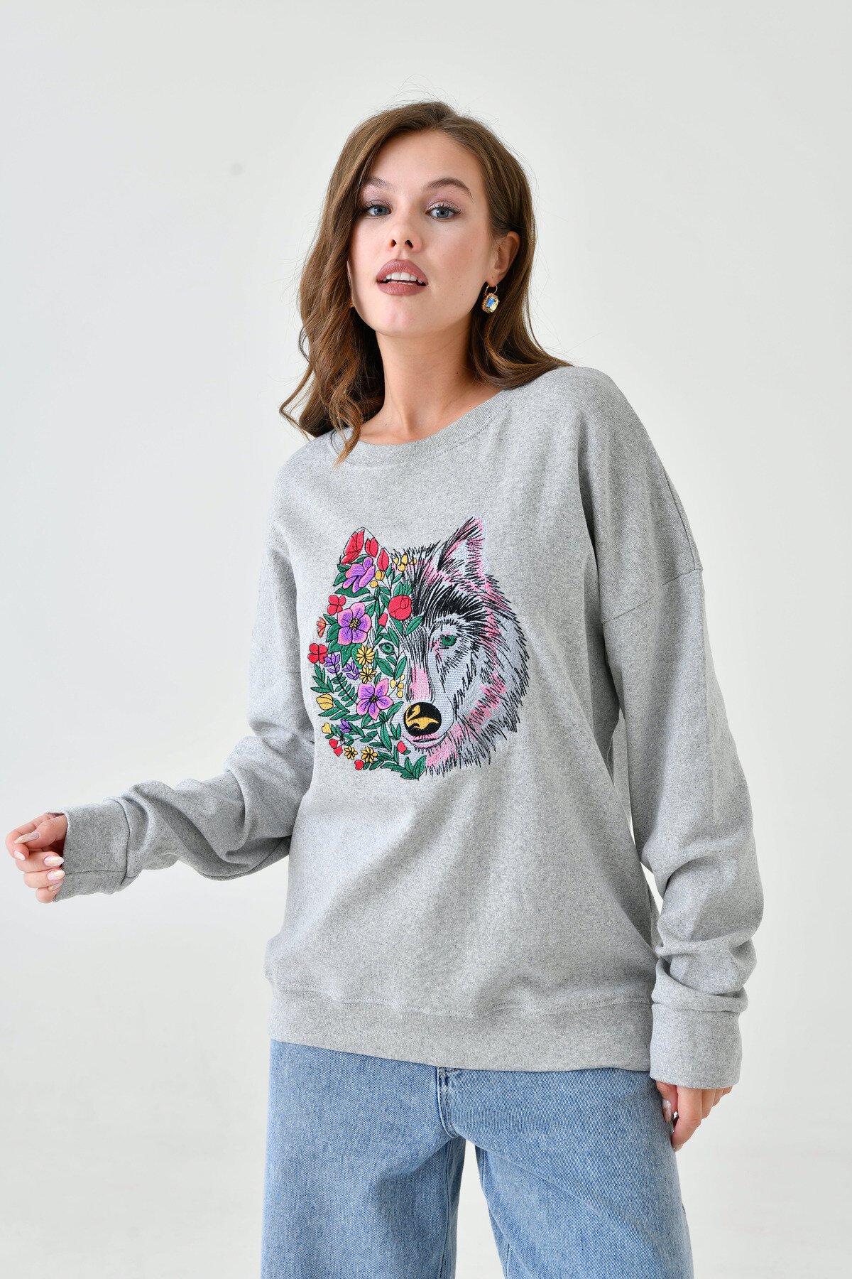 Kadın Oversize Casual Spor Günlük Baskılı Nakışlı Rahat Sweatshirt Kazak