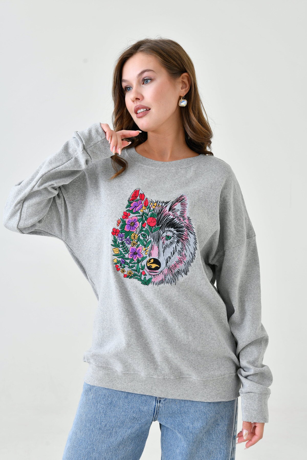 Kadın Oversize Casual Spor Günlük Baskılı Nakışlı Rahat Sweatshirt Kazak
