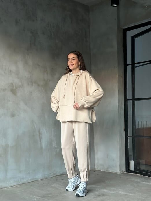 Kadın Oversize Fermuarlı Kapüşonlu Sweatshirt Pileli Paça Tesettüre Uygun Spor Şık Eşofman Takımı