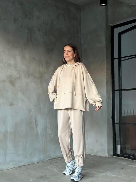 Kadın Oversize Fermuarlı Kapüşonlu Sweatshirt Pileli Paça Tesettüre Uygun Spor Şık Eşofman Takımı