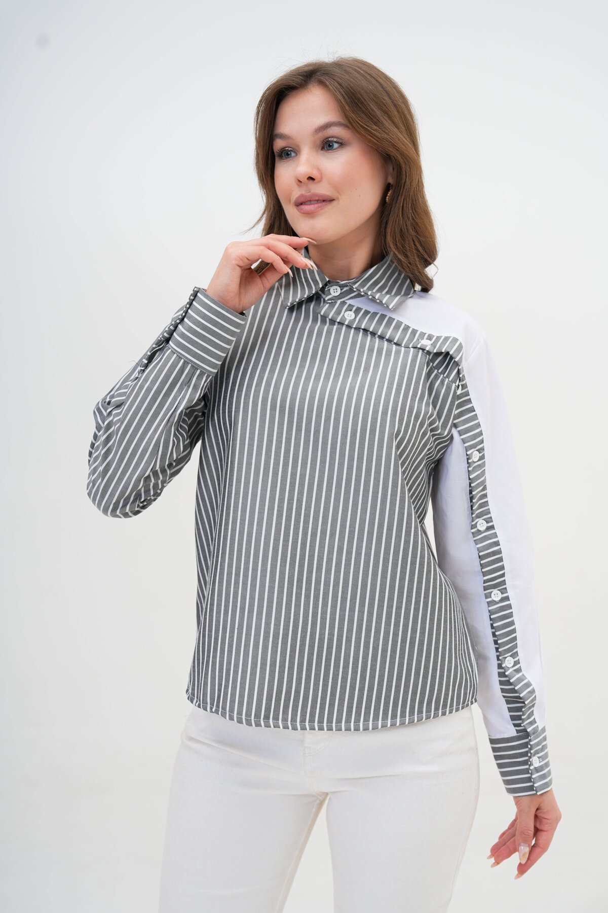 Kadın Özel Tasarım Yaka Kol Düğmeli Çizgi Garnili Bluz Boy  Pamuk Gömlek