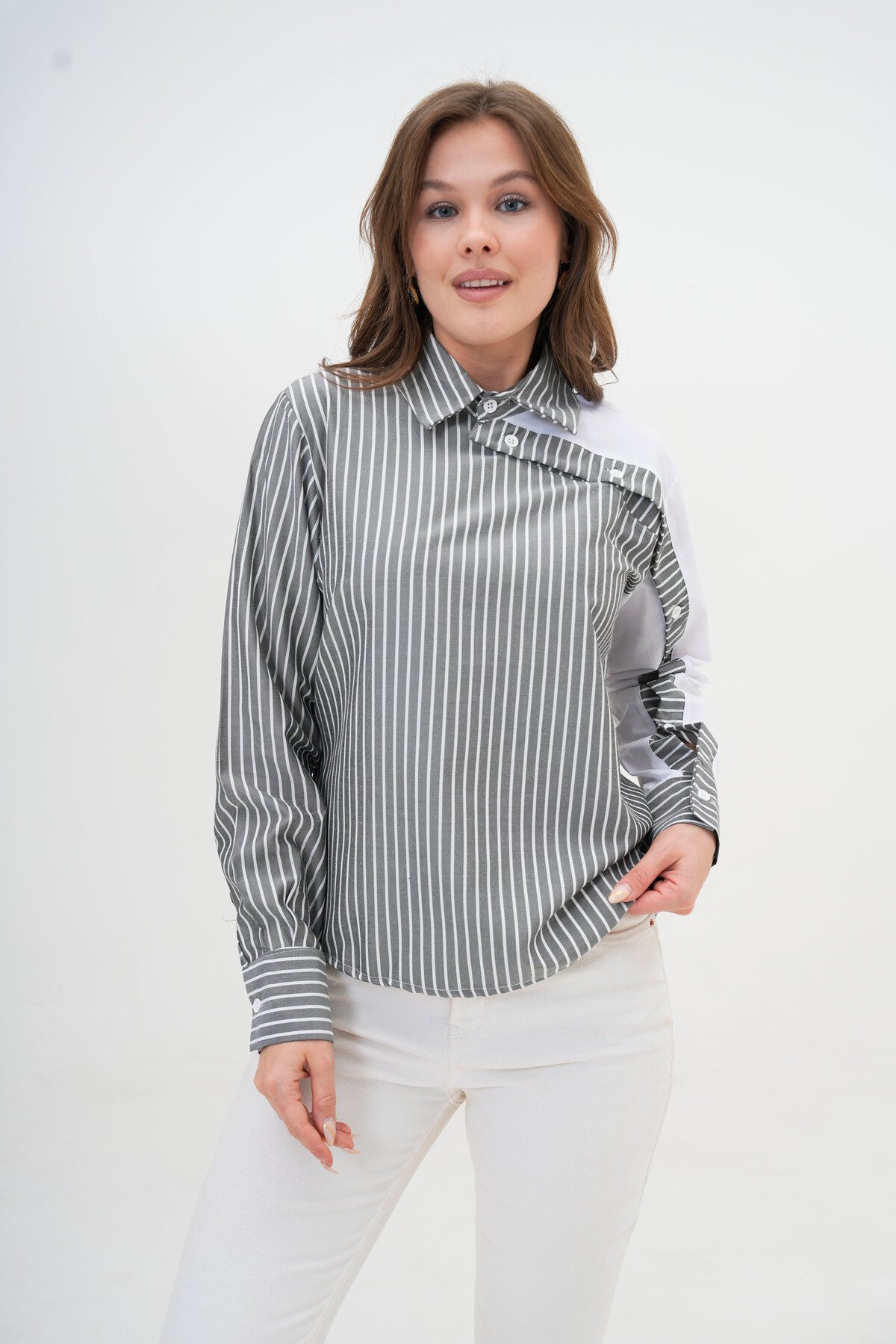 Kadın Özel Tasarım Yaka Kol Düğmeli Çizgi Garnili Bluz Boy  Pamuk Gömlek
