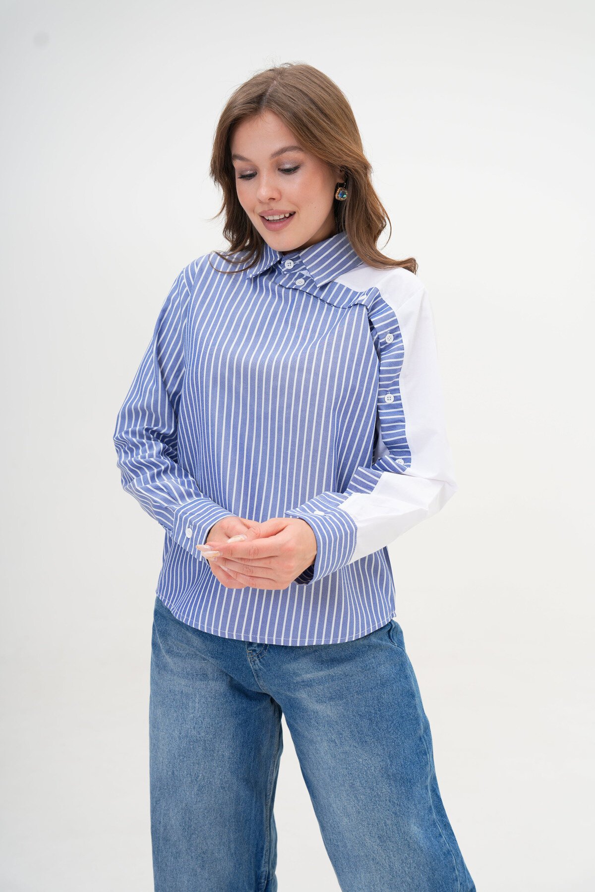 Kadın Özel Tasarım Yaka Kol Düğmeli Çizgi Garnili Bluz Boy  Pamuk Gömlek