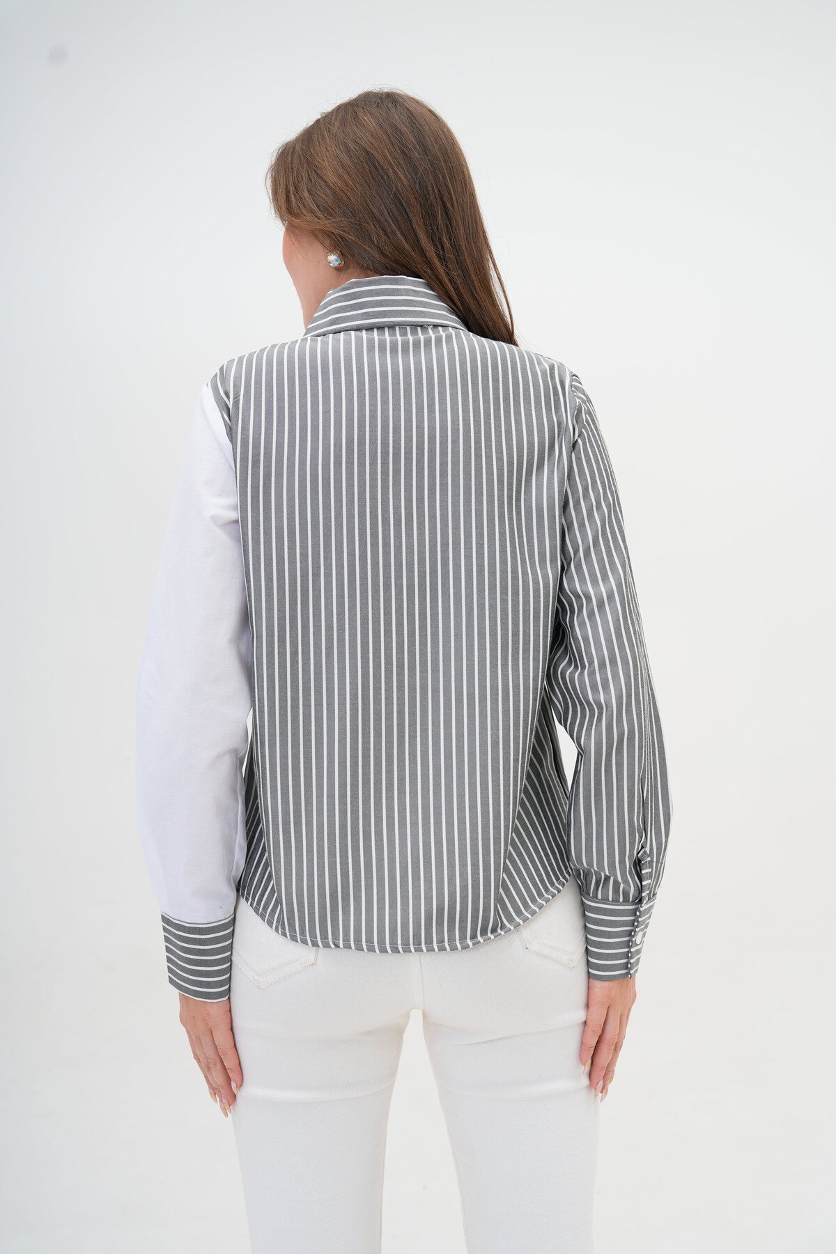 Kadın Özel Tasarım Yaka Kol Düğmeli Çizgi Garnili Bluz Boy  Pamuk Gömlek