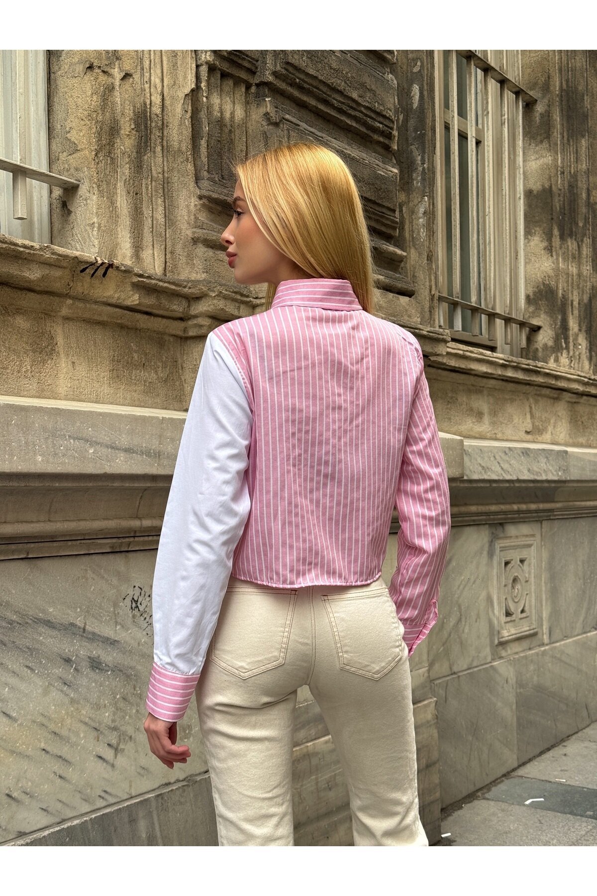 Kadın Özel Tasarım Yaka Kol Düğmeli Çizgi Garnili Crop Boy Tesettüre Uygun Bluz Gömlek