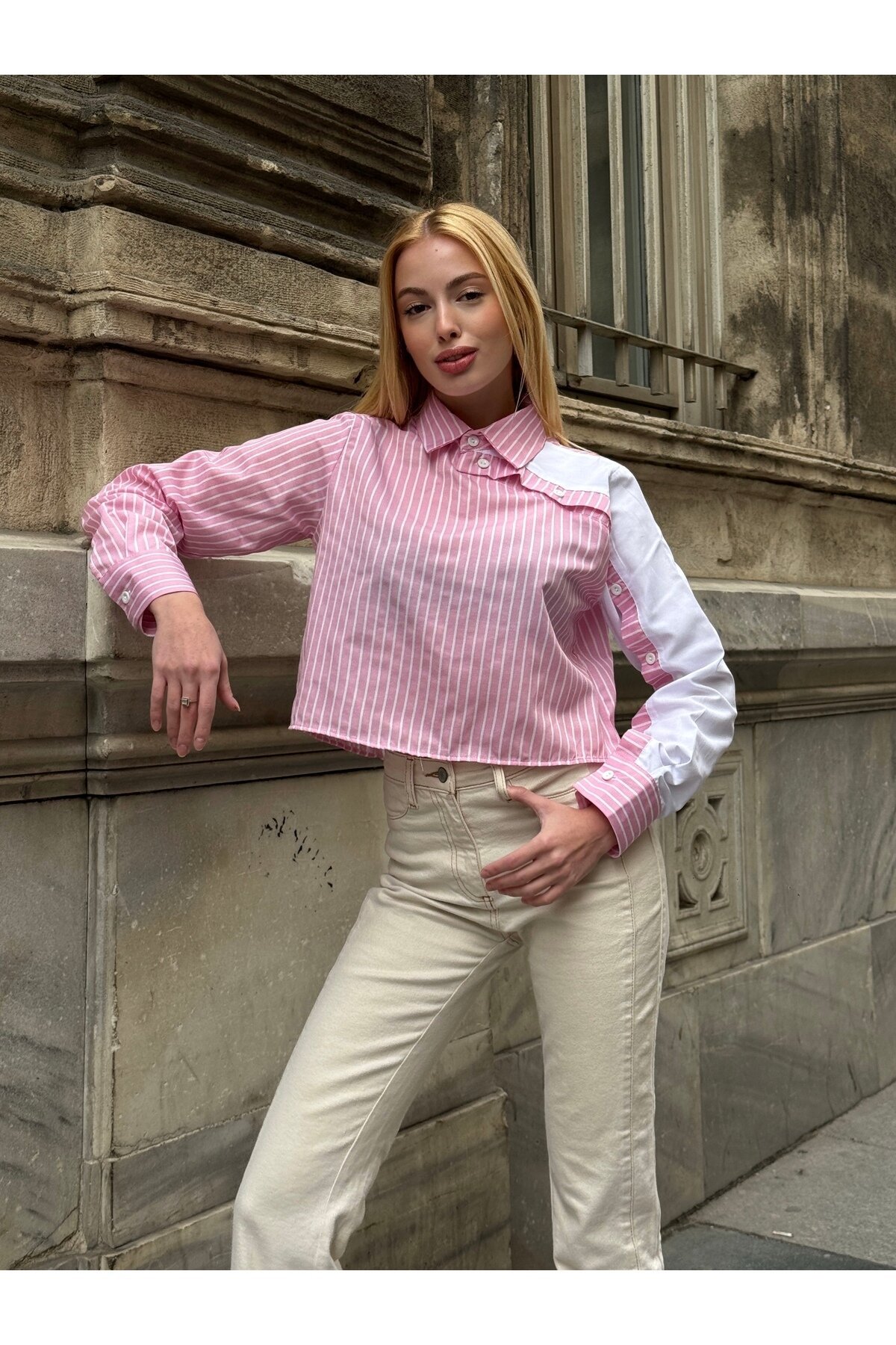 Kadın Özel Tasarım Yaka Kol Düğmeli Çizgi Garnili Crop Boy Tesettüre Uygun Bluz Gömlek