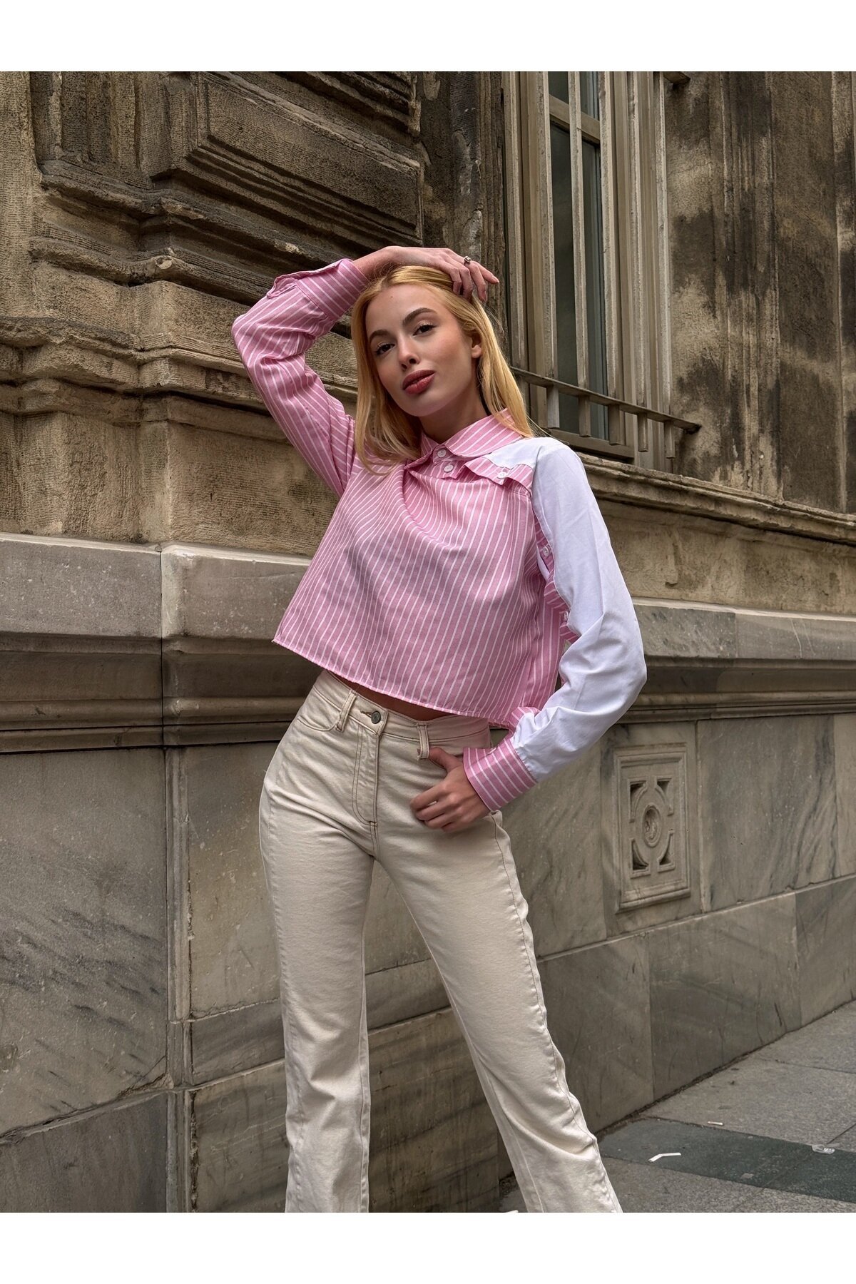 Kadın Özel Tasarım Yaka Koldan Giymeli Düğmeli Çizgi Garnili Crop Boy Tesettüre Uygun Bluz Gömlek