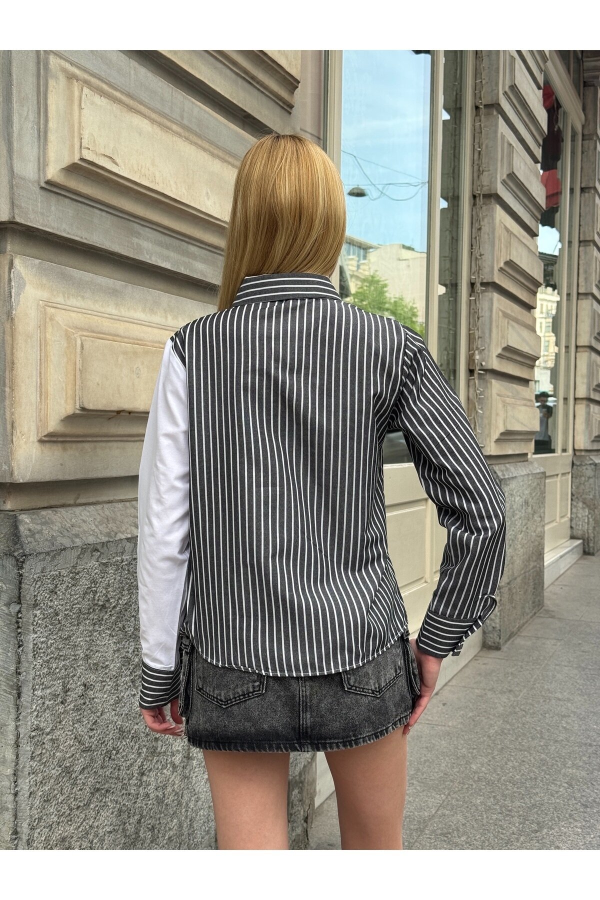 Kadın Özel Tasarım Yaka Kol Düğmeli Çizgili Garnili Bluz Boy Pamuk Curve Şık Gömlek