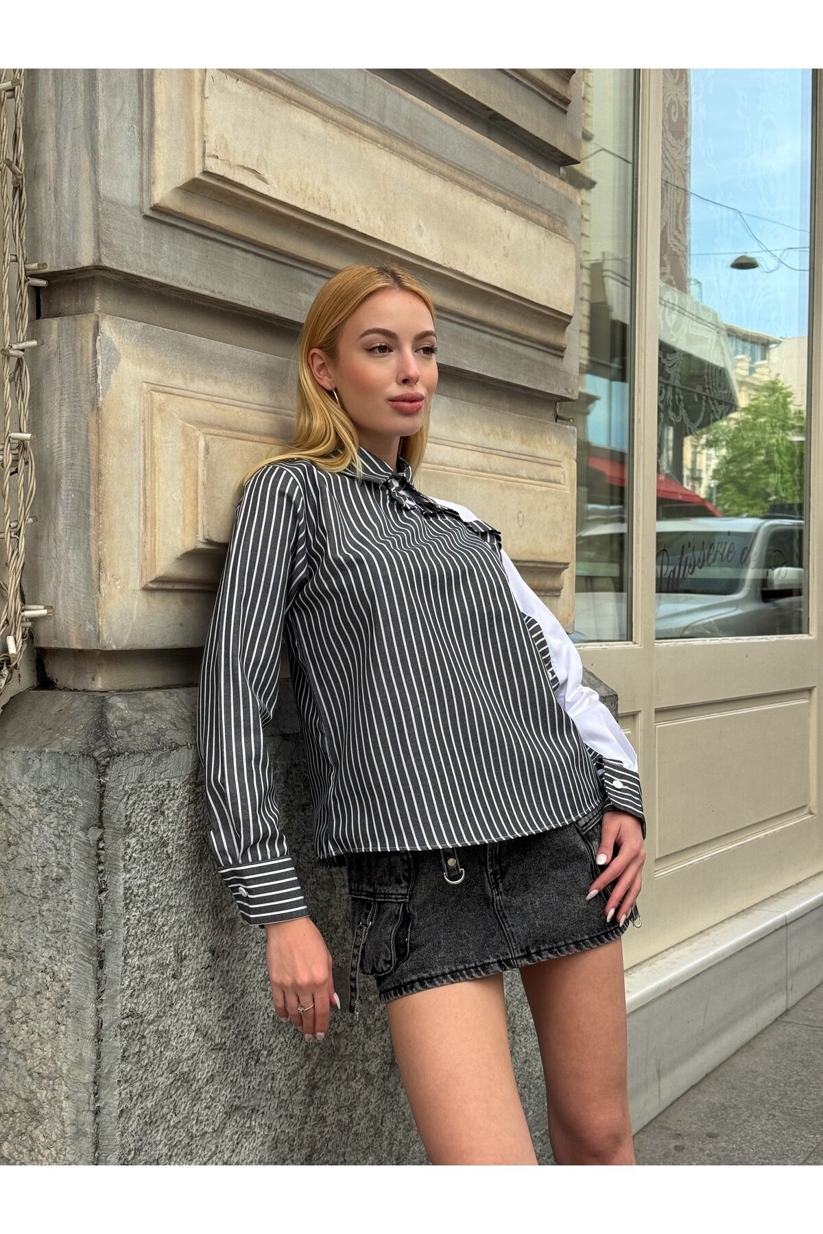 Kadın Özel Tasarım Yaka Kol Düğmeli Çizgili Garnili Bluz Boy Pamuk Curve Şık Gömlek