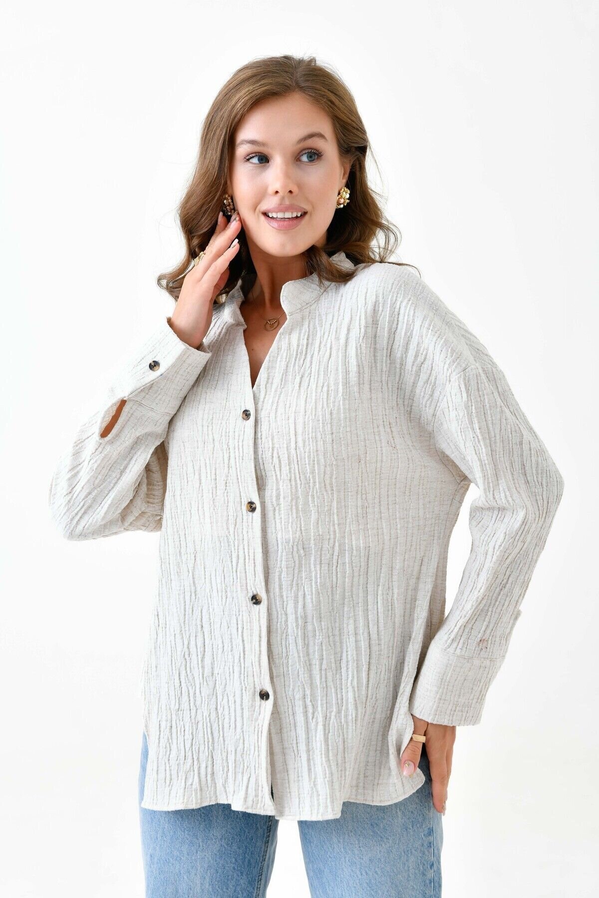 Kadın Pamuk Keten Baharlık Asimetrik Kesim Oversize Spor Şık Dokulu Ceket Gömlek