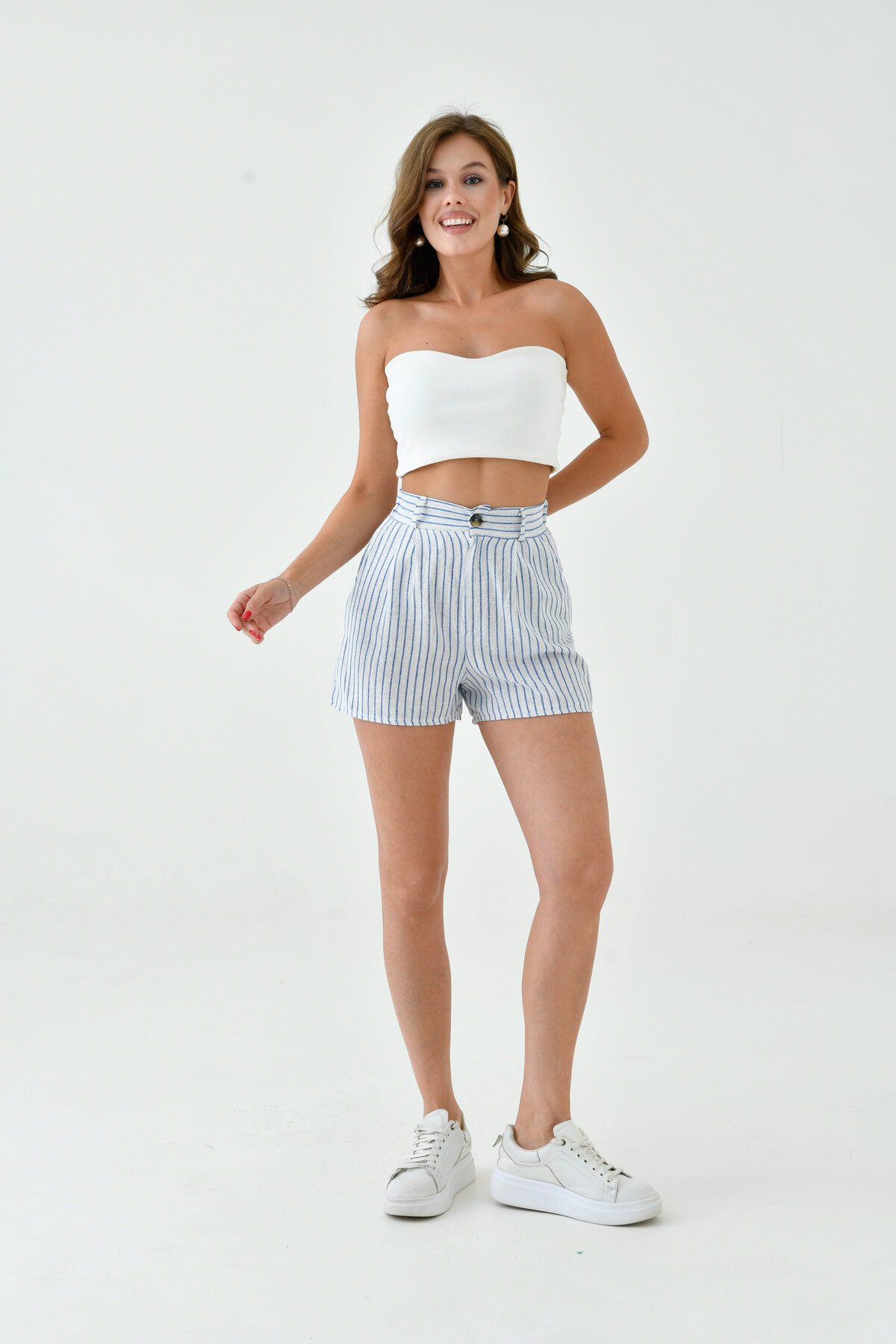 Kadın Pamuk Keten Çizgili ve Dokulu Baharlık Spor Şık Keten Şort