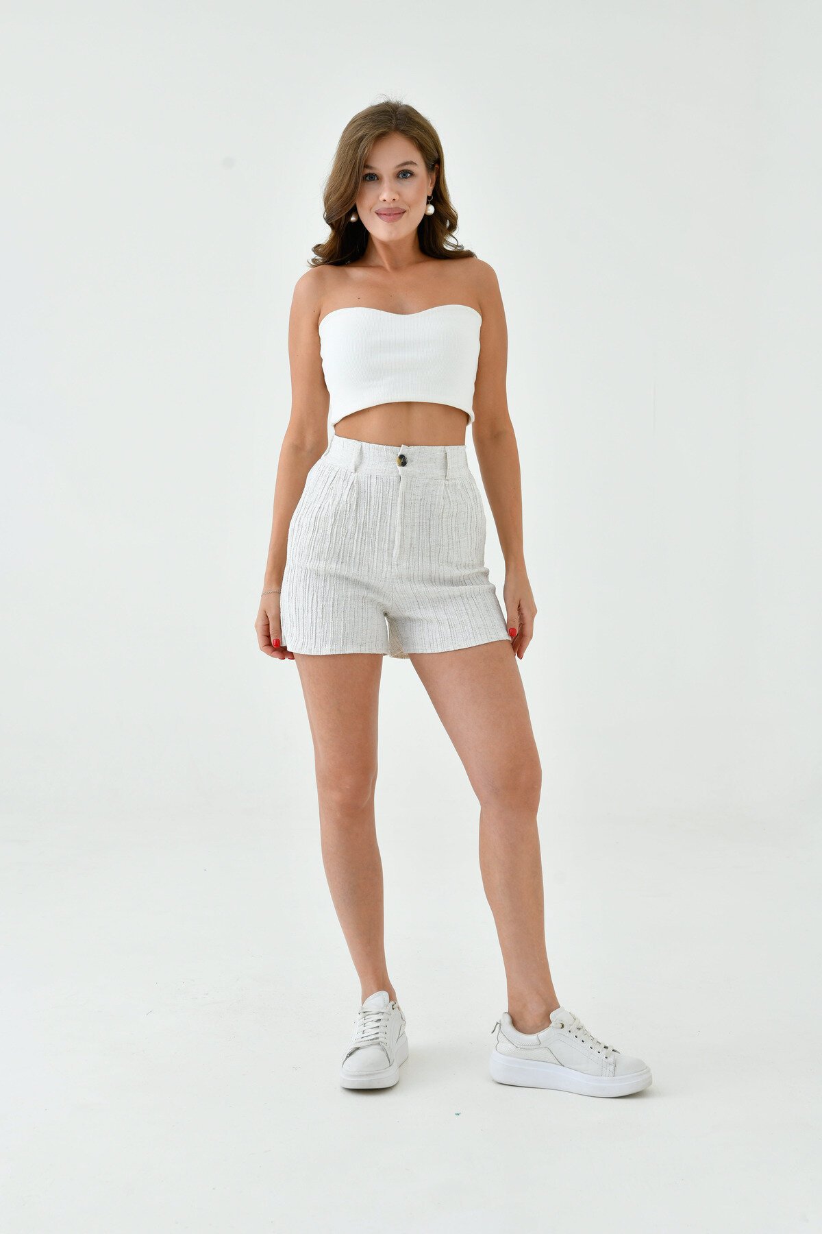 Kadın Pamuk Keten Çizgili ve Dokulu Baharlık Spor Şık Keten Şort
