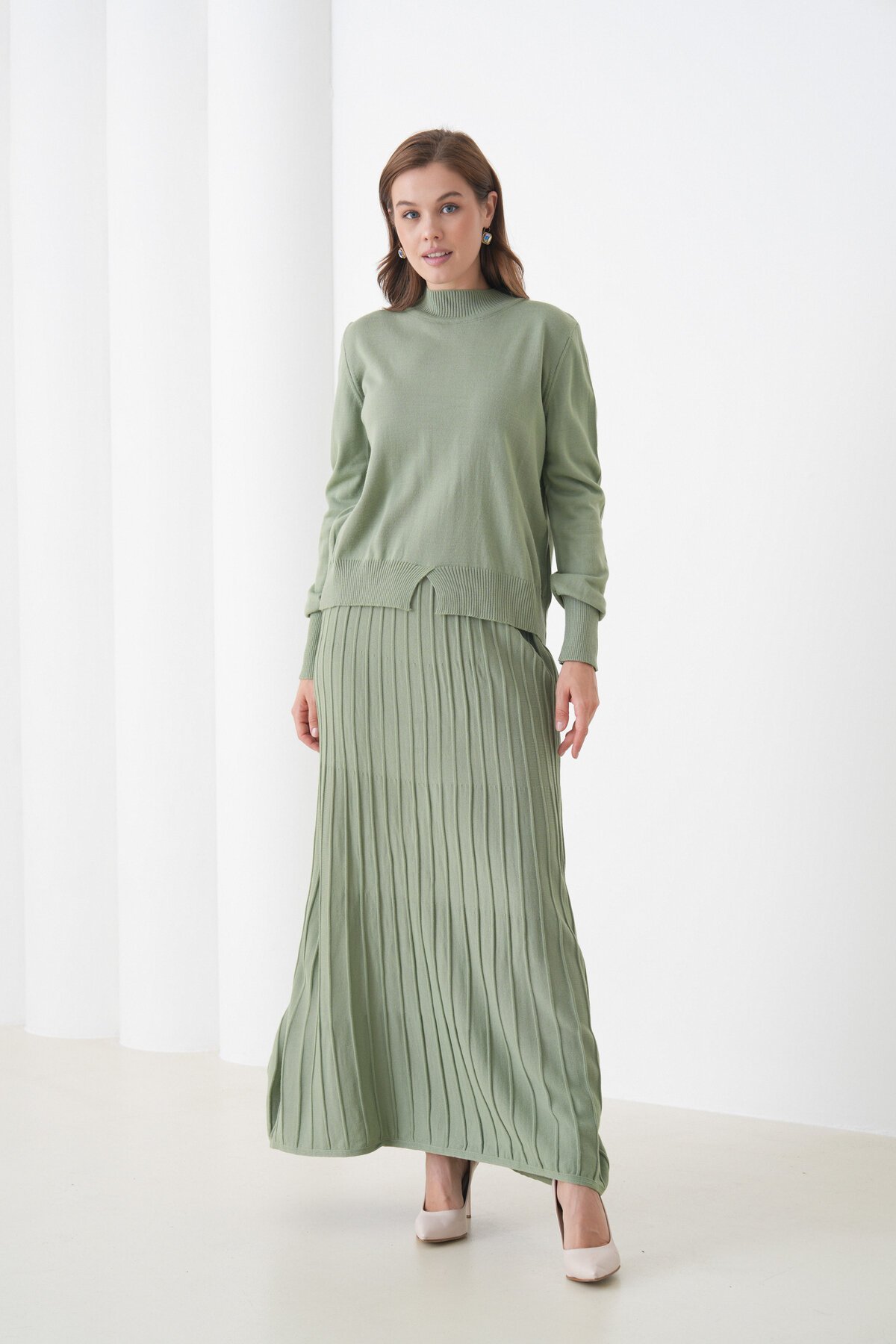 Kadın Pileli Etek Kazağı V Tasarım Tesettüre Uygun Örgü Triko Etek Kazak Takım