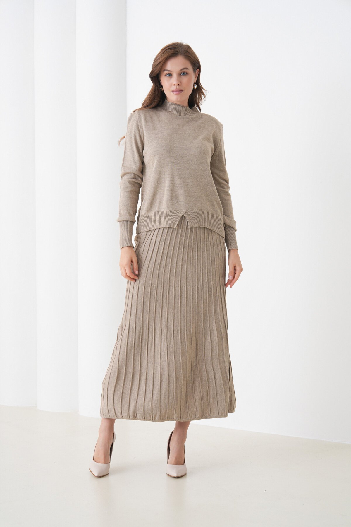 Kadın Pileli Etek Kazağı V Tasarım Tesettüre Uygun Örgü Triko Etek Kazak Takım