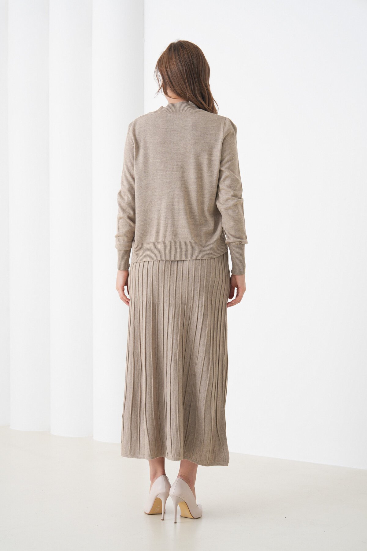 Kadın Pileli Etek Kazağı V Tasarım Tesettüre Uygun Örgü Triko Etek Kazak Takım