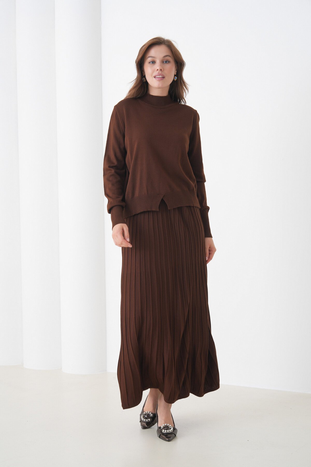 Kadın Pileli Etek Kazağı V Tasarım Tesettüre Uygun Örgü Triko Etek Kazak Takım