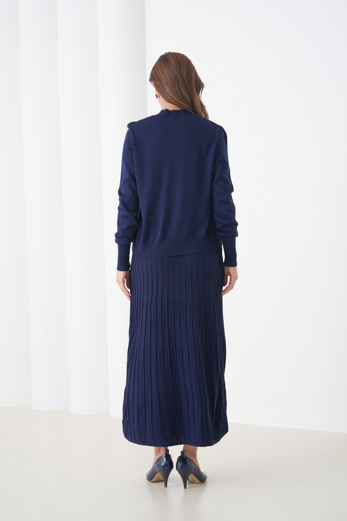 Kadın Pileli Etek Kazağı V Tasarım Tesettüre Uygun Örgü Triko Etek Kazak Takım