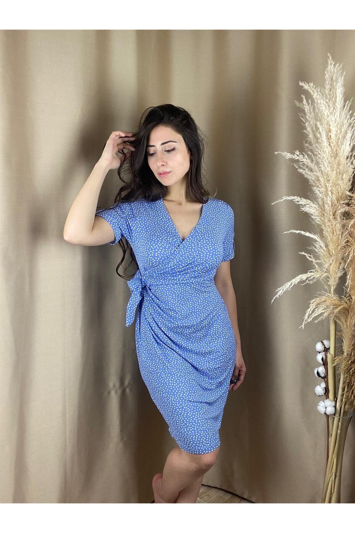 Kadın Puantiyeli Buz Mavisi Göğüs Altından Yandan Bağlamalı Spor Şık Viskon Hamile Elbisesi
