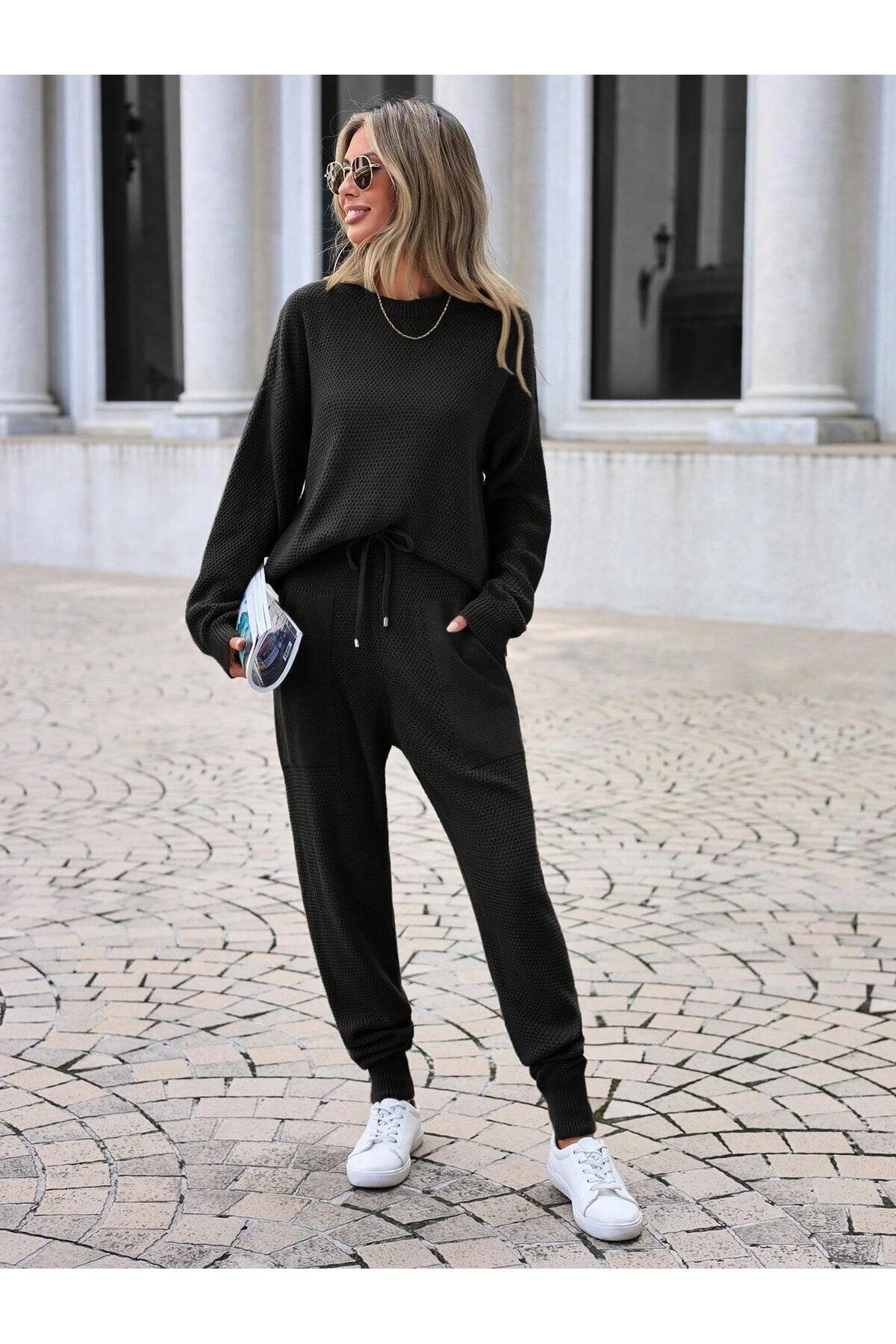 Kadın Rahat Kalıp Örgü Triko Tasarım Siyah Takım