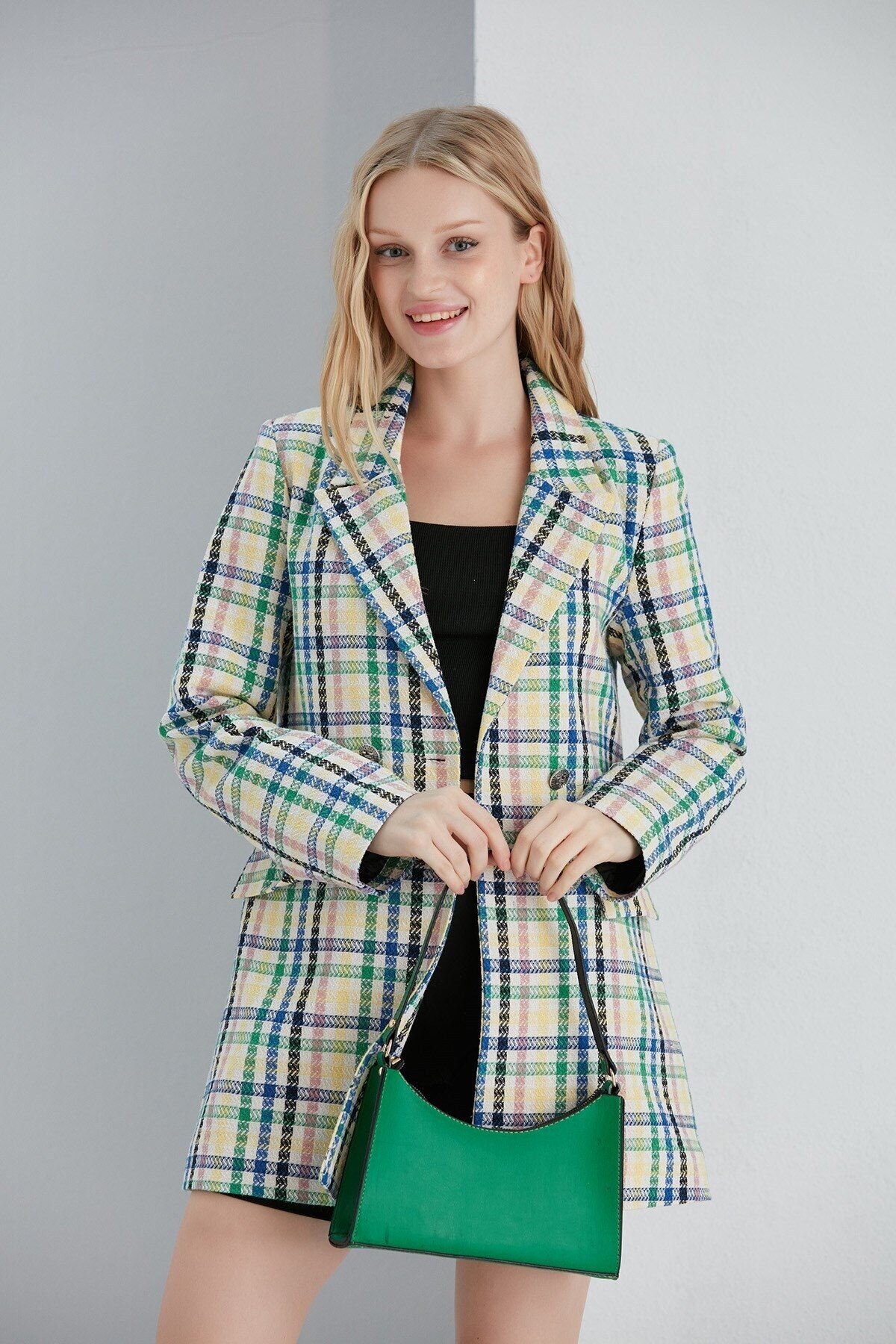 Kadın Şanel Kumaş Spor Şık Beyaz Çok Renkli Çizgili Blazer Ceket