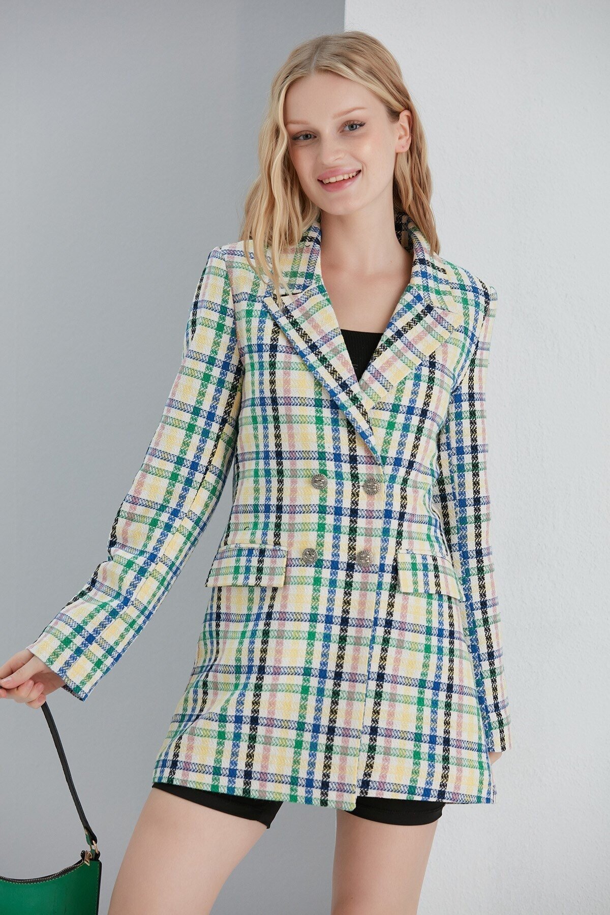 Kadın Şanel Kumaş Spor Şık Beyaz Çok Renkli Çizgili Blazer Ceket