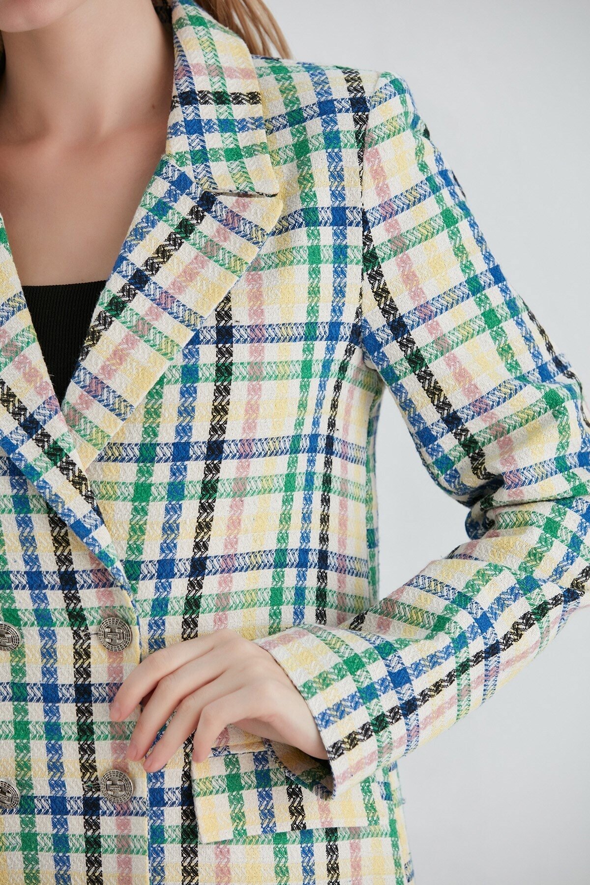 Kadın Şanel Kumaş Spor Şık Beyaz Çok Renkli Çizgili Blazer Ceket