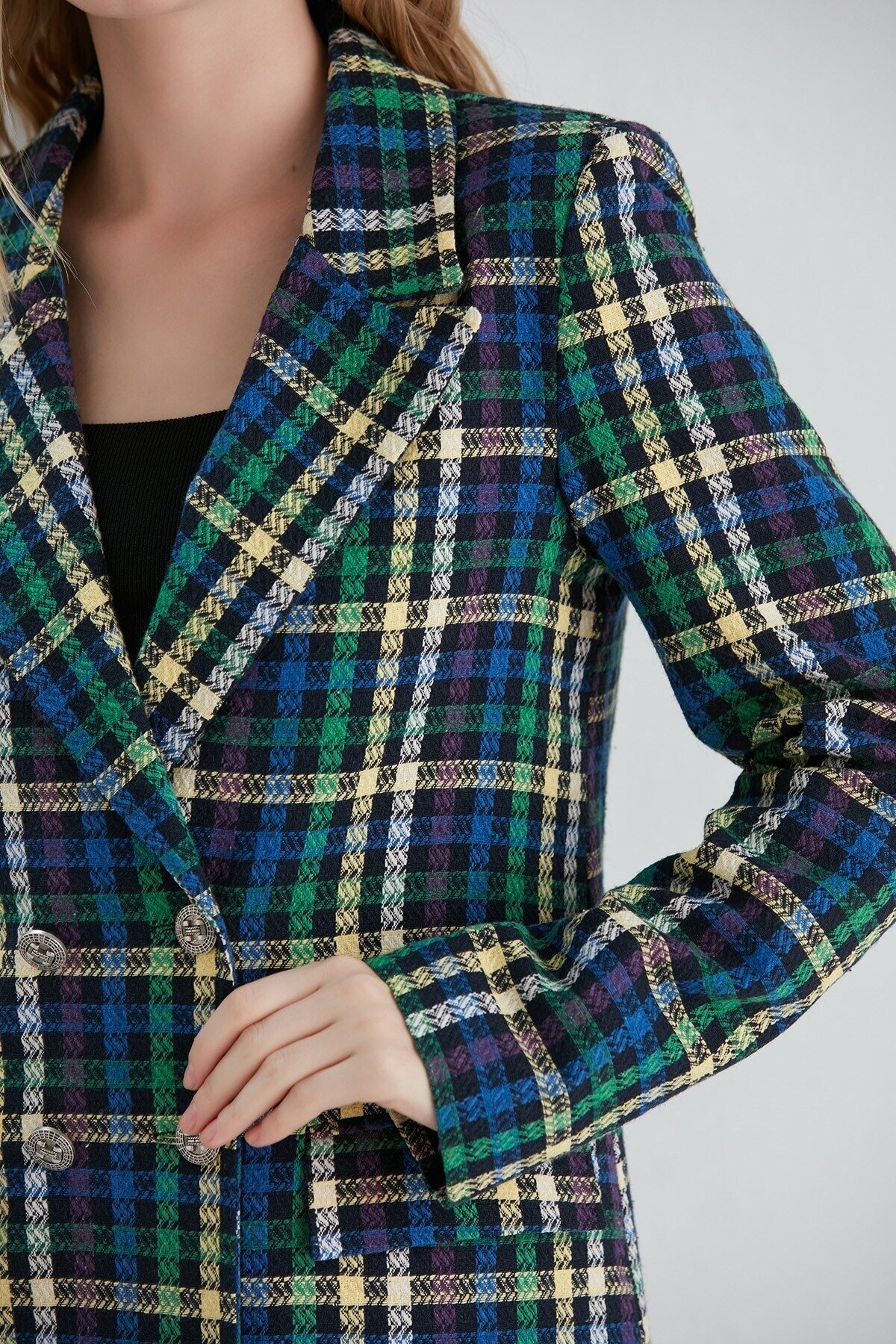 Kadın Şanel Kumaş Spor Şık Çok Renkli Çizgili Blazer Ceket