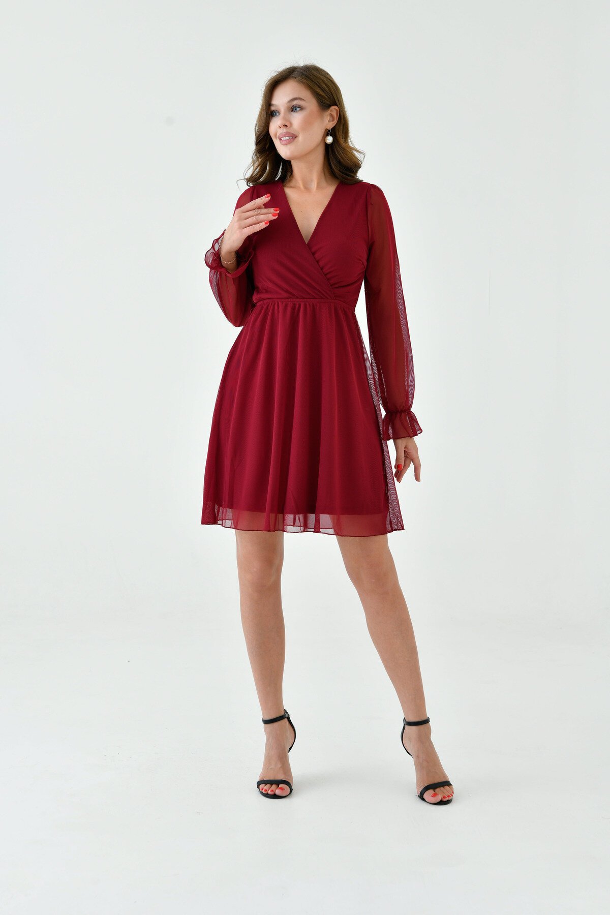 Kadın Şifon Kruvaze Curve Volanlı Esnek Tül Uzun Kol Şık Büyük Beden Elbise