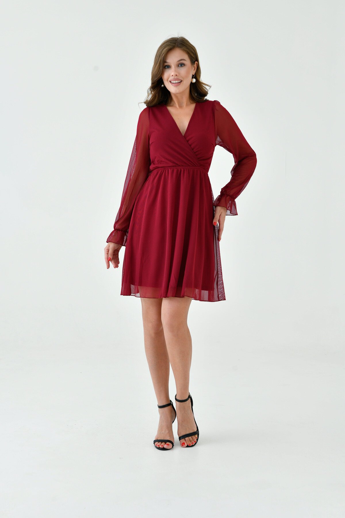 Kadın Şifon Kruvaze Curve Volanlı Esnek Tül Uzun Kol Şık Büyük Beden Elbise