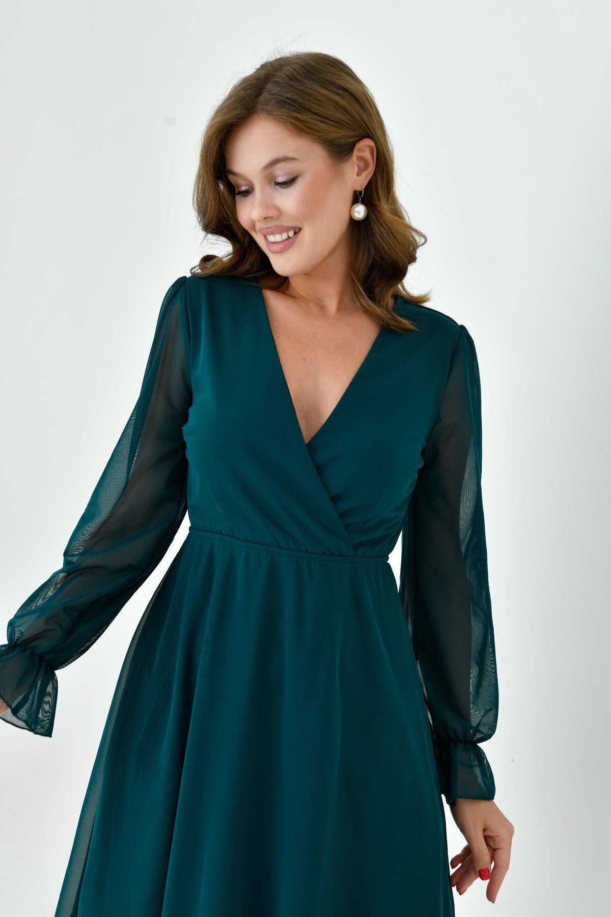 Kadın Şifon Kruvaze Curve Volanlı Esnek Tül Uzun Kol Şık Büyük Beden Elbise