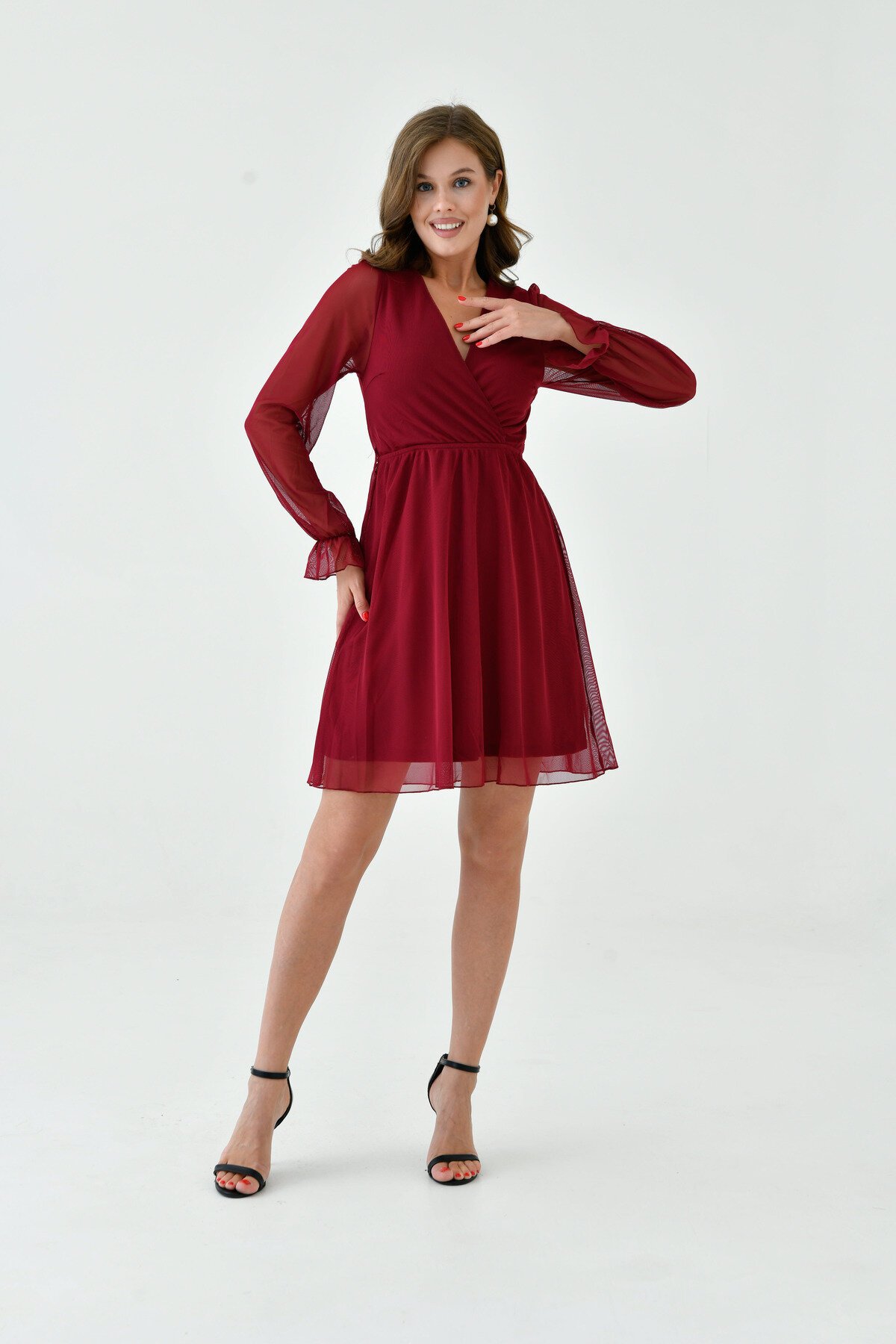 Kadın Şifon Kruvaze Curve Volanlı Esnek Tül Uzun Kol Şık Büyük Beden Elbise