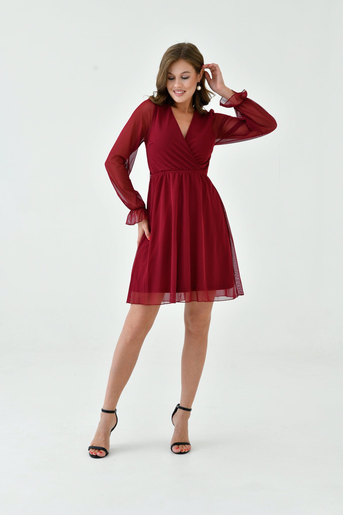 Kadın Şifon Kruvaze Curve Volanlı Esnek Tül Uzun Kol Şık Büyük Beden Elbise