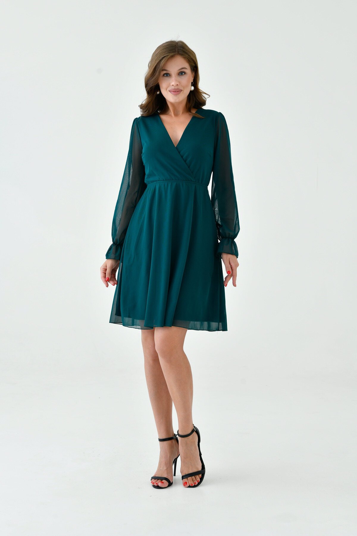 Kadın Şifon Kruvaze Curve Volanlı Esnek Tül Uzun Kol Şık Büyük Beden Elbise