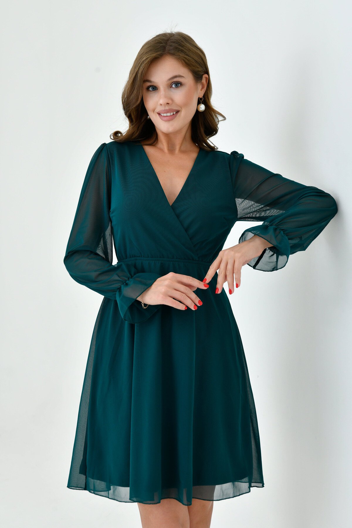 Kadın Şifon Kruvaze Curve Volanlı Esnek Tül Uzun Kol Şık Büyük Beden Elbise