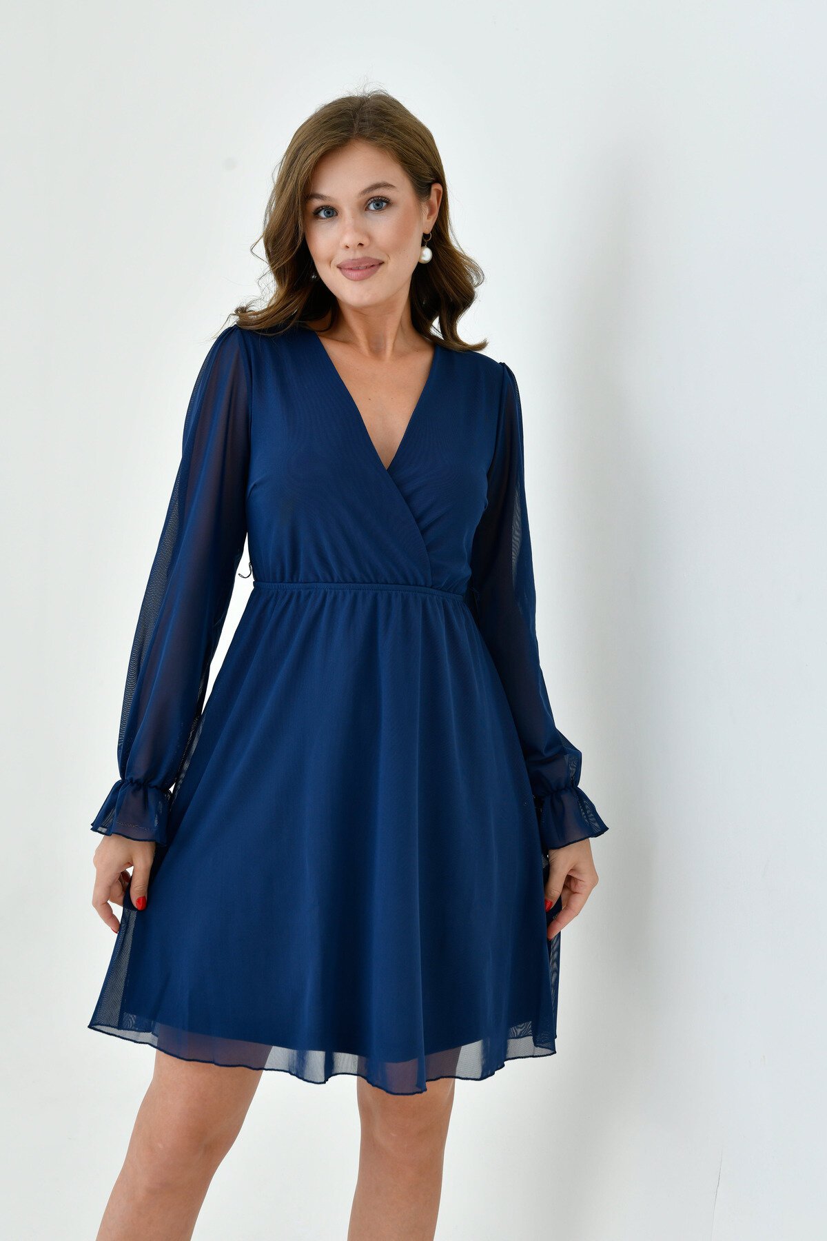 Kadın Şifon Kruvaze Curve Volanlı Esnek Tül Uzun Kol Şık Büyük Beden Elbise