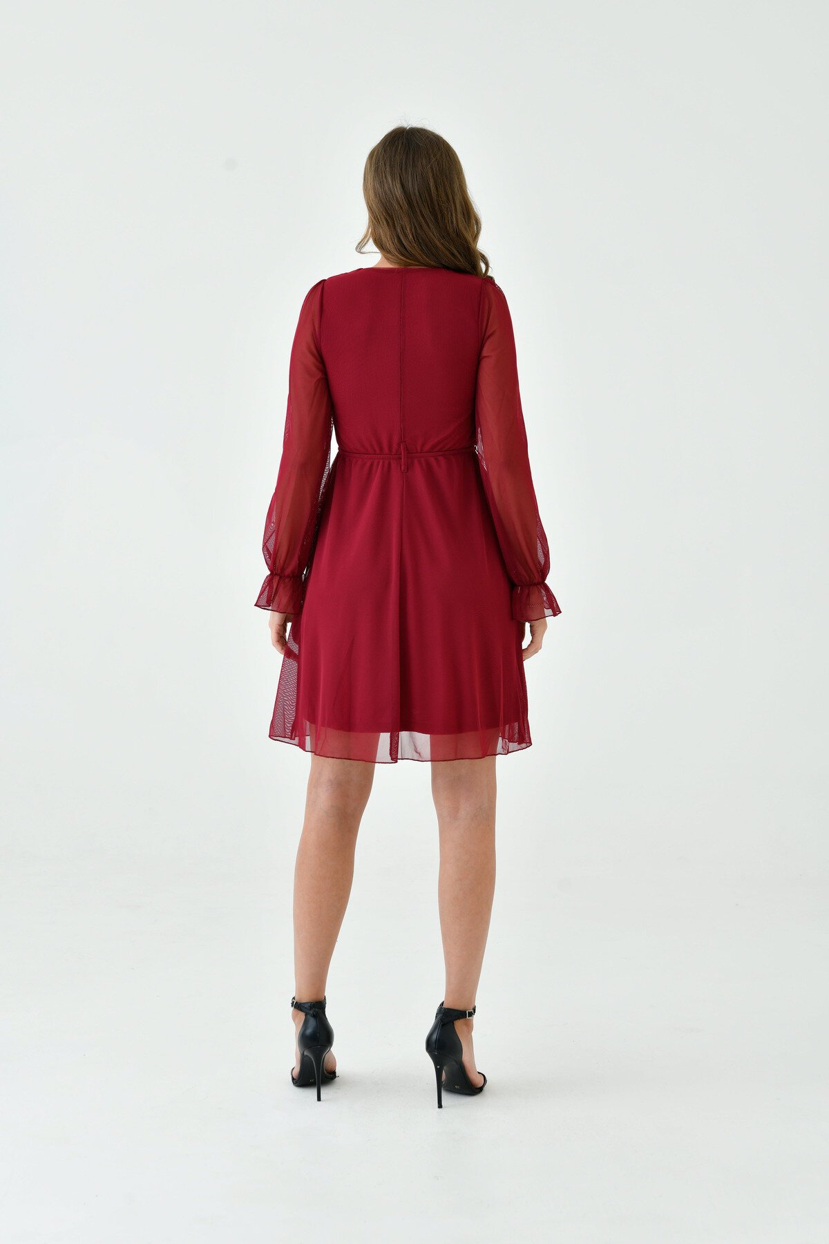 Kadın Şifon Kruvaze Curve Volanlı Esnek Tül Uzun Kol Şık Büyük Beden Elbise