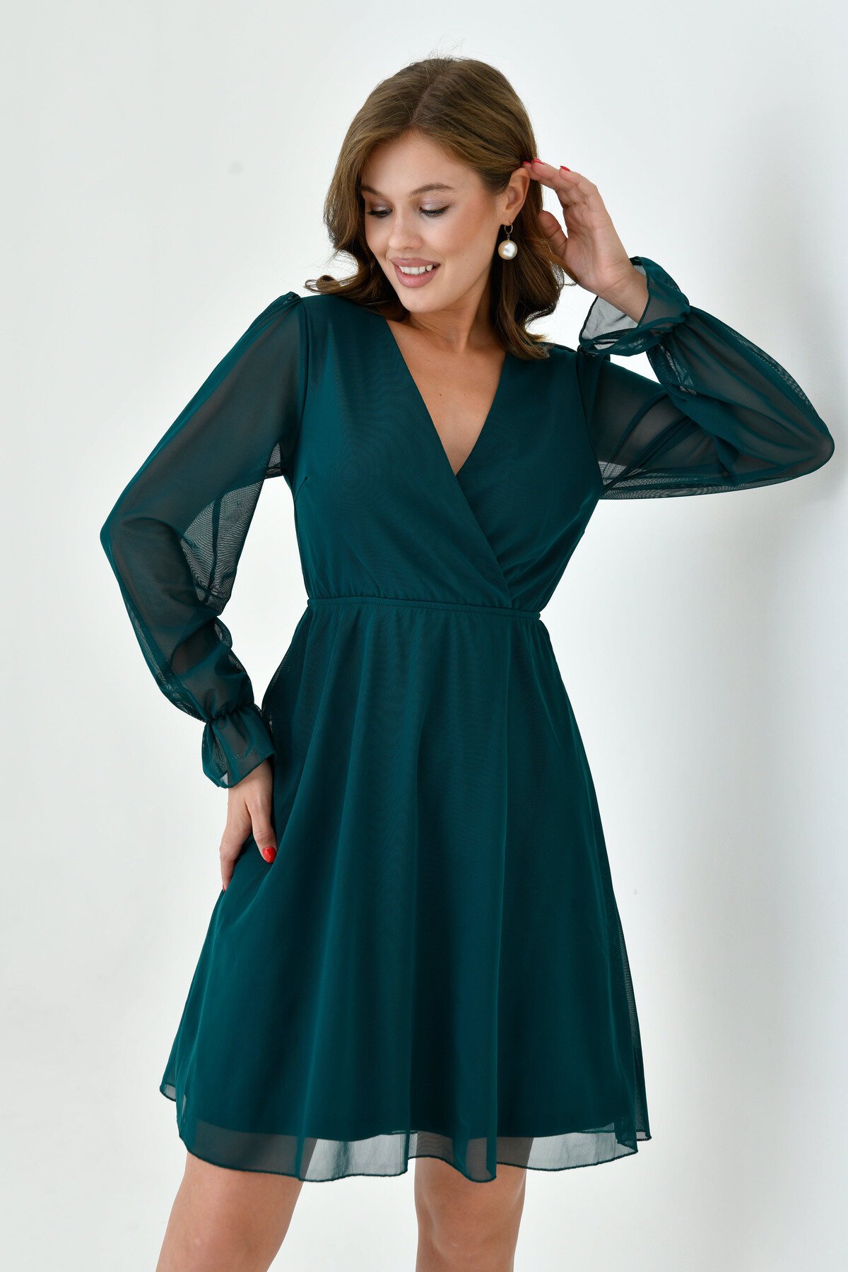 Kadın Şifon Kruvaze Curve Volanlı Esnek Tül Uzun Kol Şık Büyük Beden Elbise