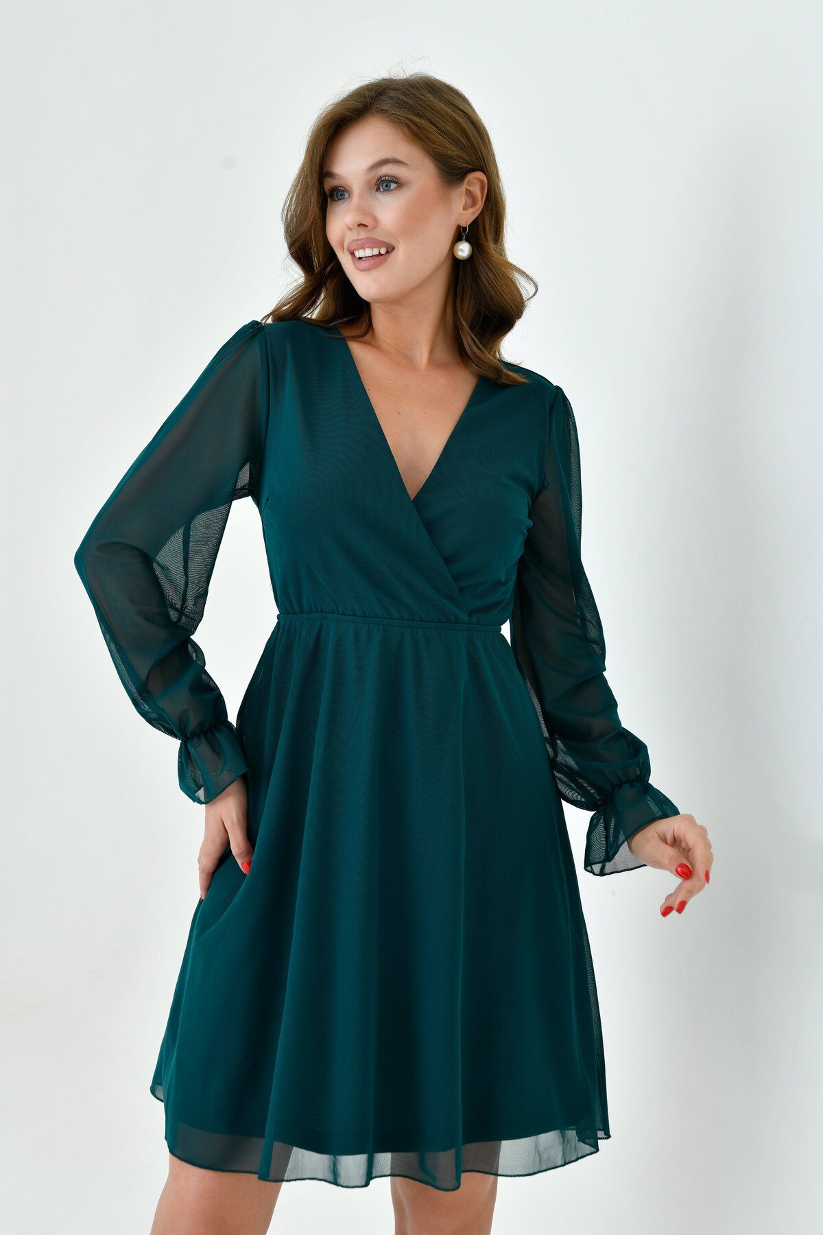 Kadın Şifon Kruvaze Curve Volanlı Esnek Tül Uzun Kol Şık Büyük Beden Elbise