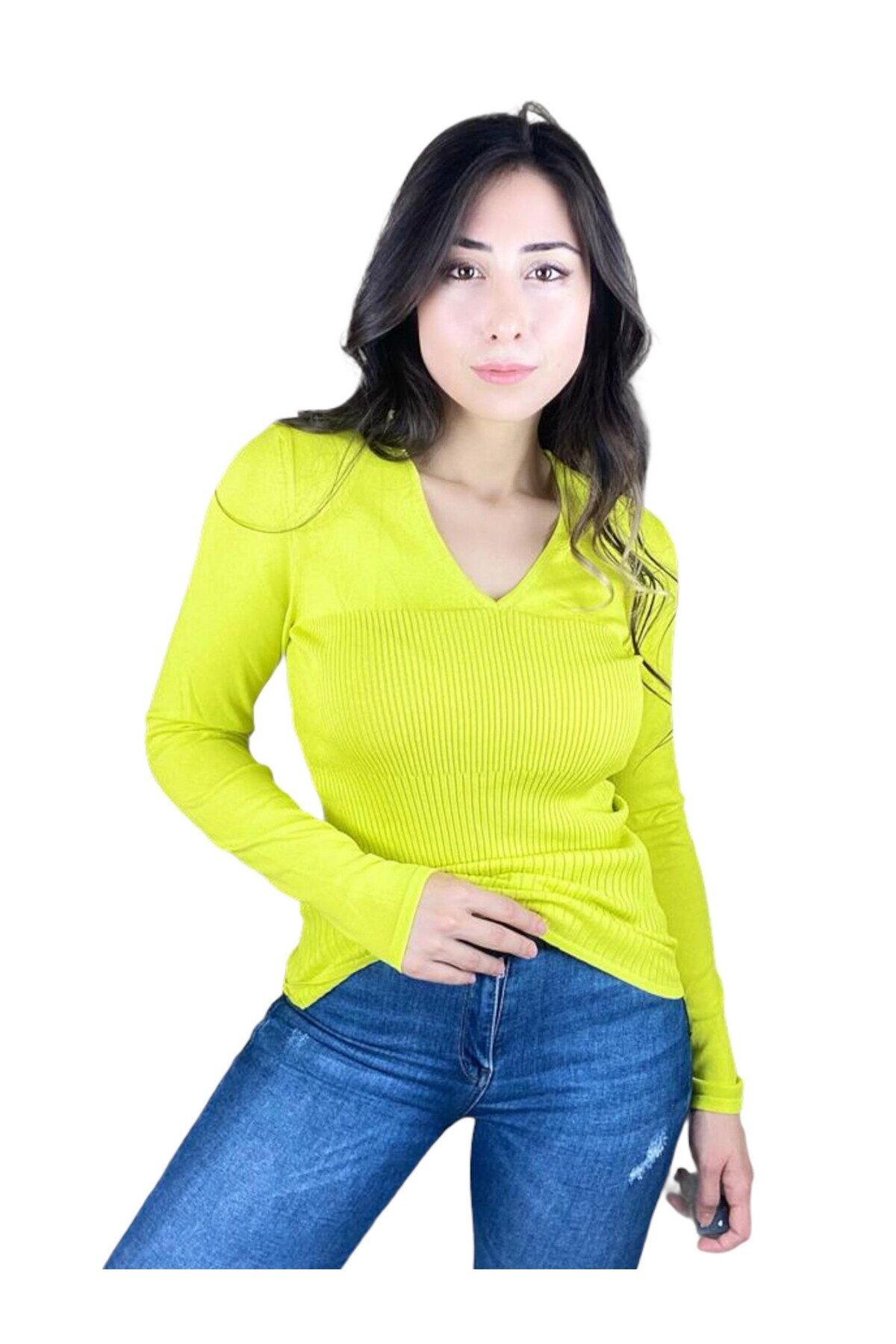Kadın Şık Neon Sarı V Yaka Triko Bluz