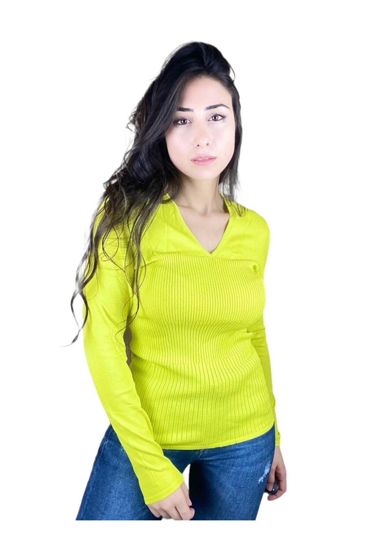 Kadın Şık Neon Sarı V Yaka Triko Bluz