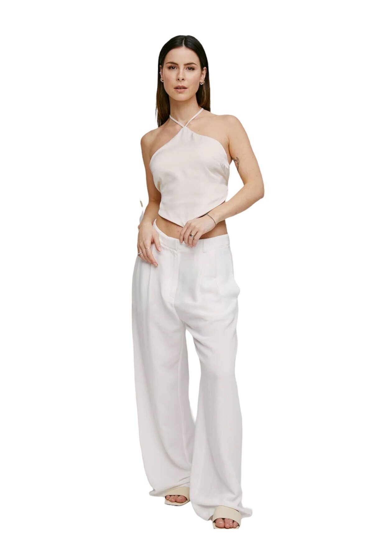 Kadın Sırtı Açık Bağlamalı Spor Şık Curve Modal Krem Tasarım Croptop Bluz