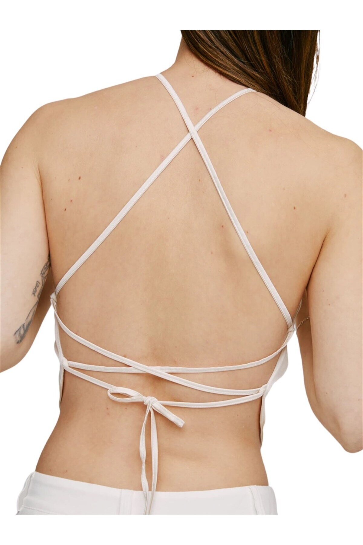 Kadın Sırtı Açık Bağlamalı Spor Şık Curve Modal Krem Tasarım Croptop Bluz