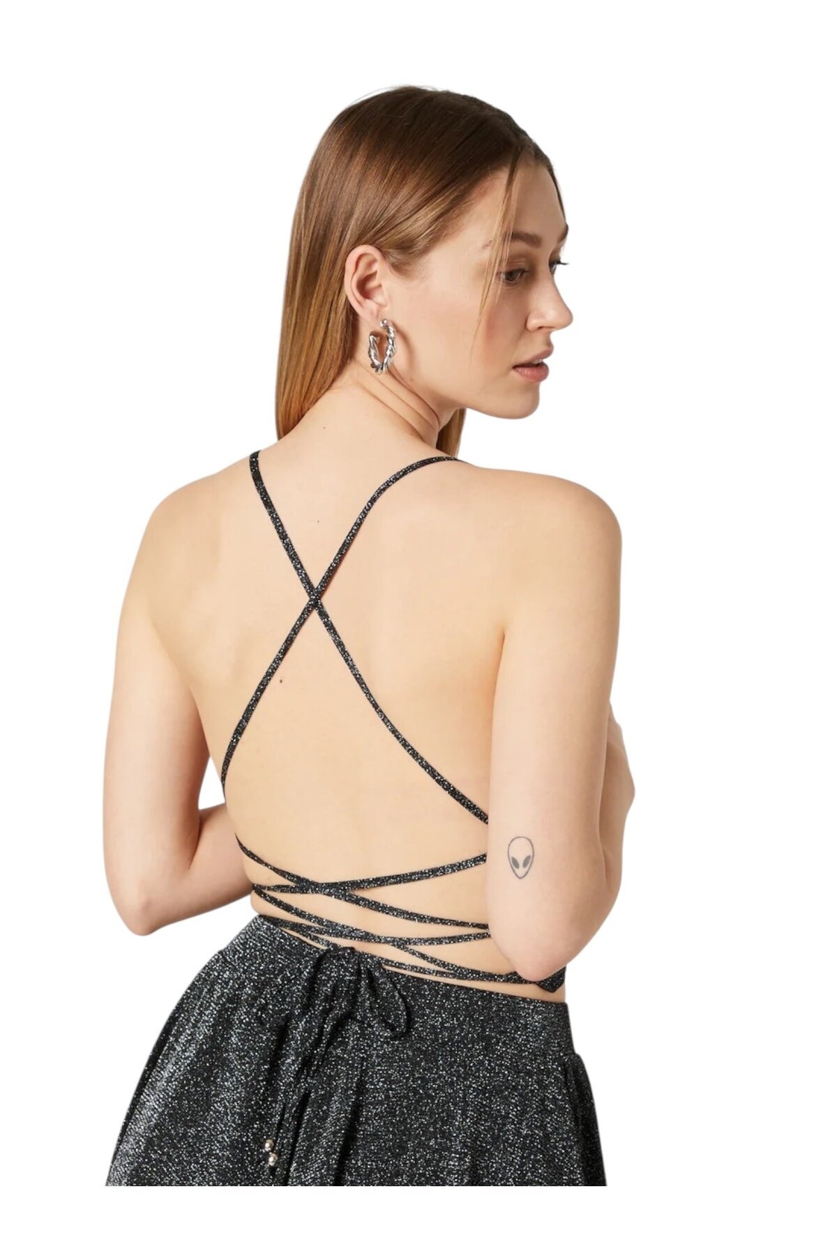 Kadın Sırtı Açık Bağlamalı Tül Degaje Yaka Spor Şık Tasarım Simli Croptop Büstiyer