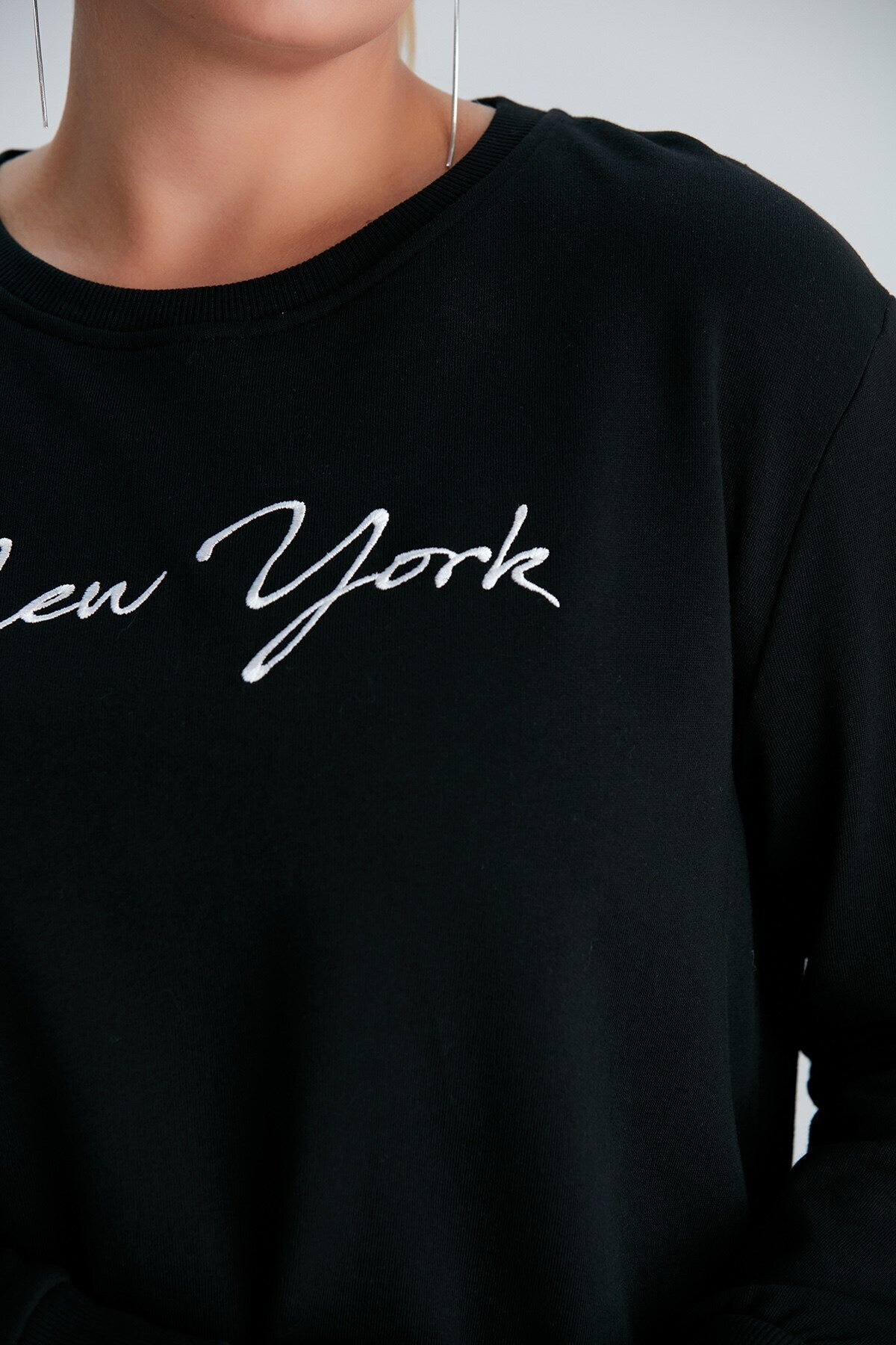 Kadın Siyah New York Yazılı Büyük Beden Sweatshirt