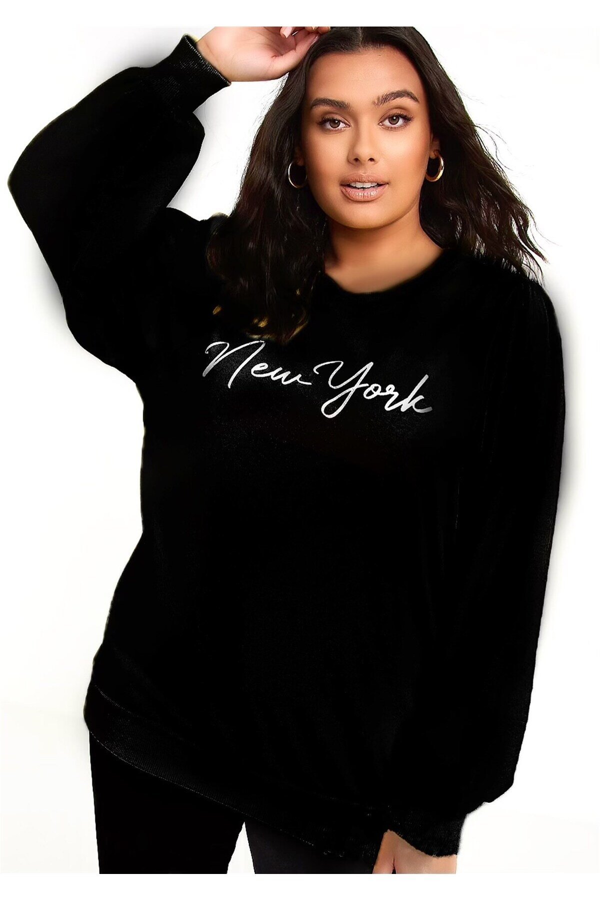 Kadın Siyah New York Yazılı Büyük Beden Sweatshirt