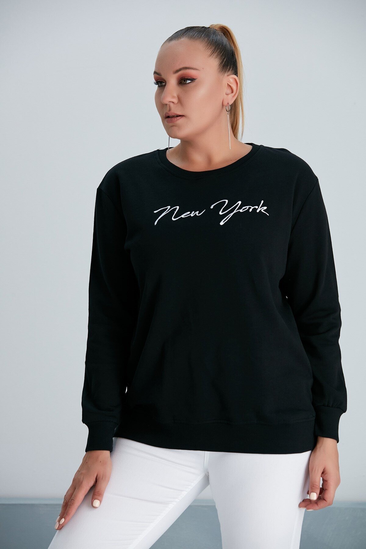 Kadın Siyah New York Yazılı Büyük Beden Sweatshirt