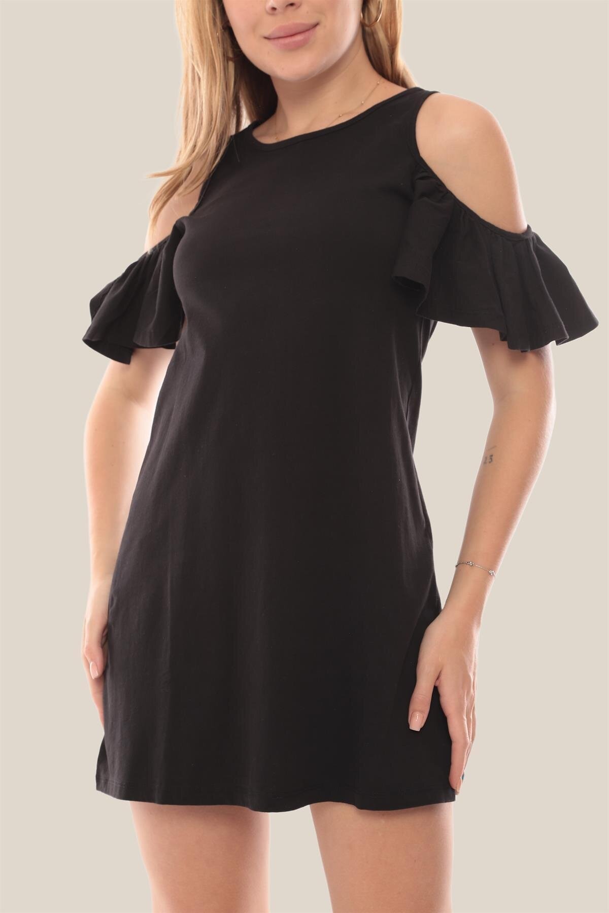 Kadın Siyah Omzu Açık Fırfır Detay Çan Pamuk Elbise
